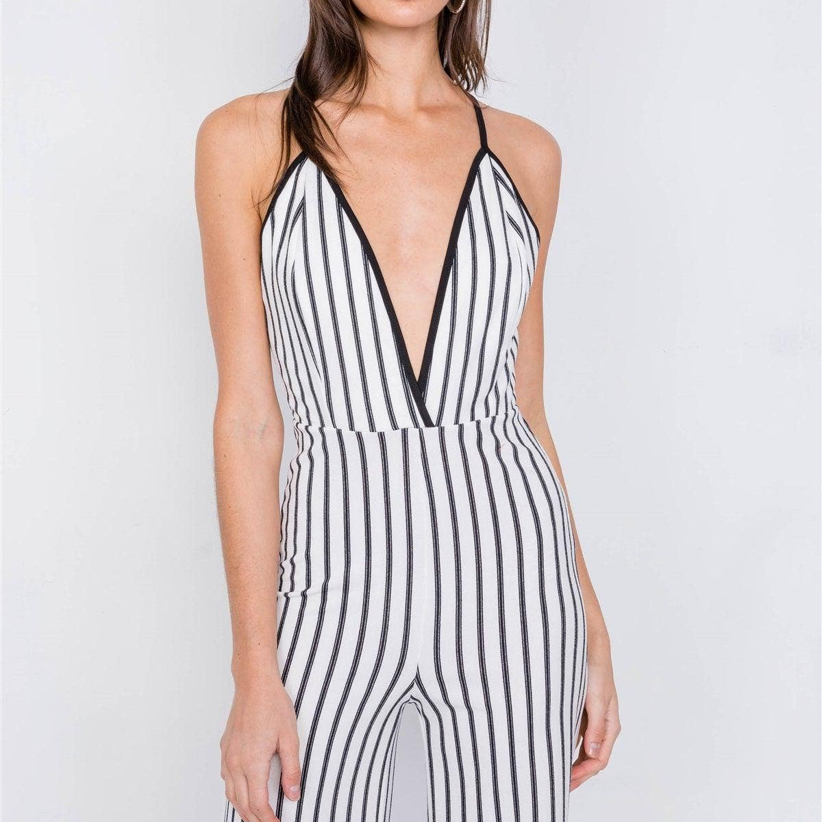 White & Black Trim Stripe V-Neck Criss-Cross Strap Back Jumpsuit