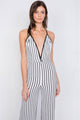 White & Black Trim Stripe V-Neck Criss-Cross Strap Back Jumpsuit