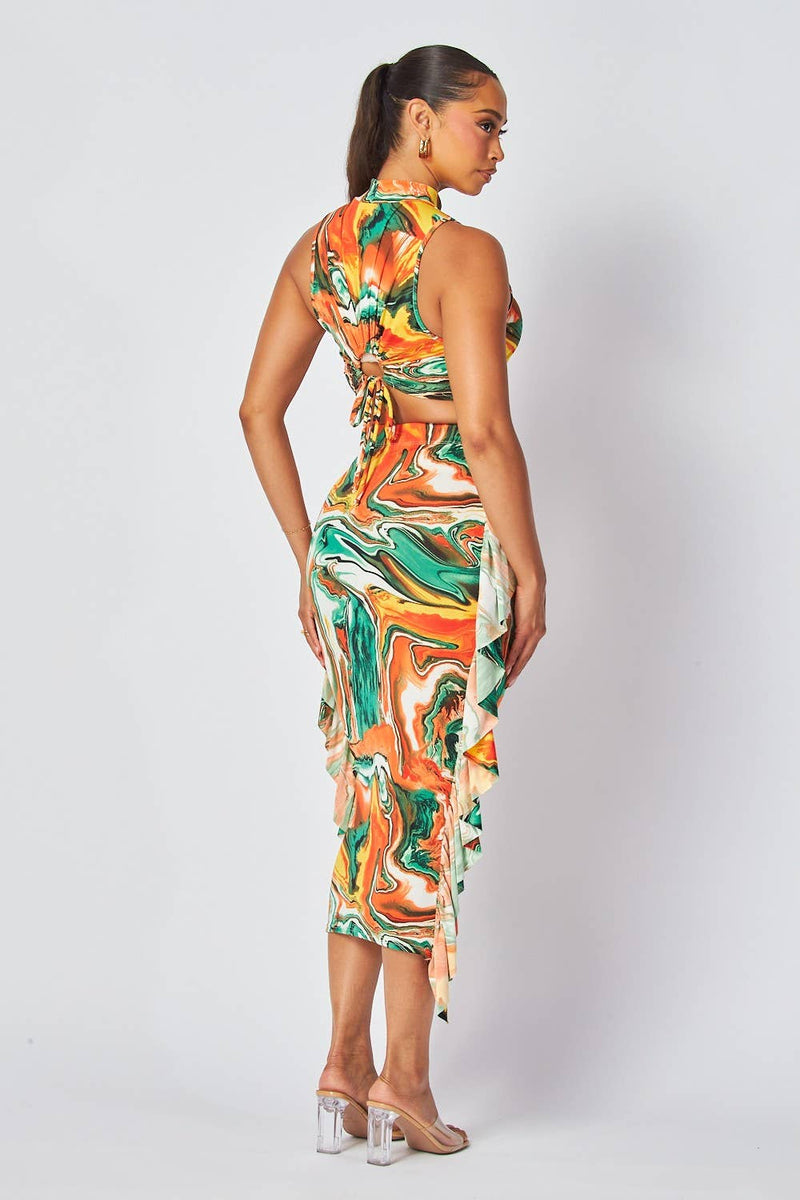 Marble Print Two-Piece Midi Skirt Set
