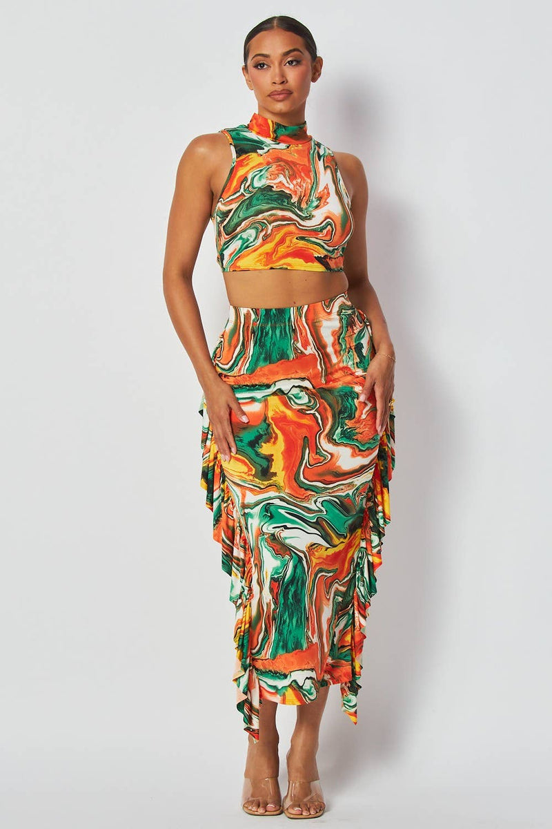 Marble Print Two-Piece Midi Skirt Set