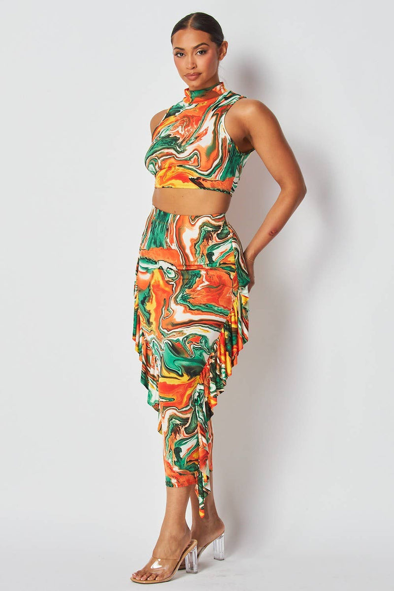 Marble Print Two-Piece Midi Skirt Set