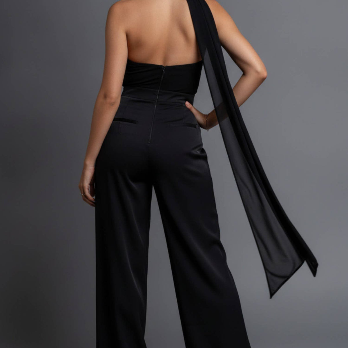 THICK STRETCH WOVEN & MESH JUMPSUIT