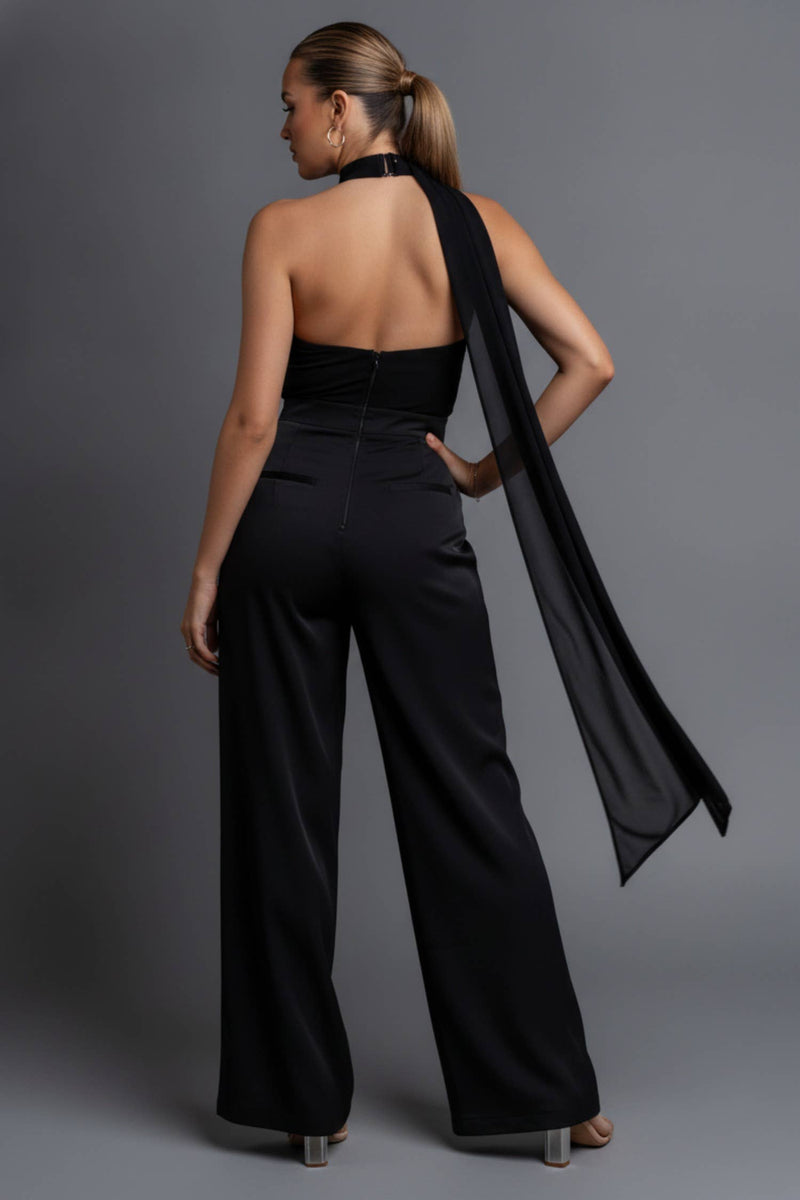 THICK STRETCH WOVEN & MESH JUMPSUIT