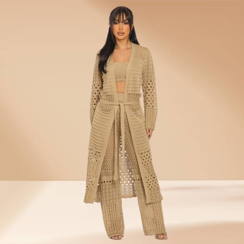 Crochet 3-Piece Pant Set with Duster Cardigan