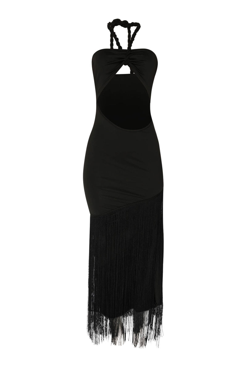 Fringe Trim Halter Neck Maxi Dress