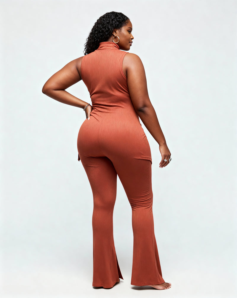 Mock Neck Slit Top Pants Set