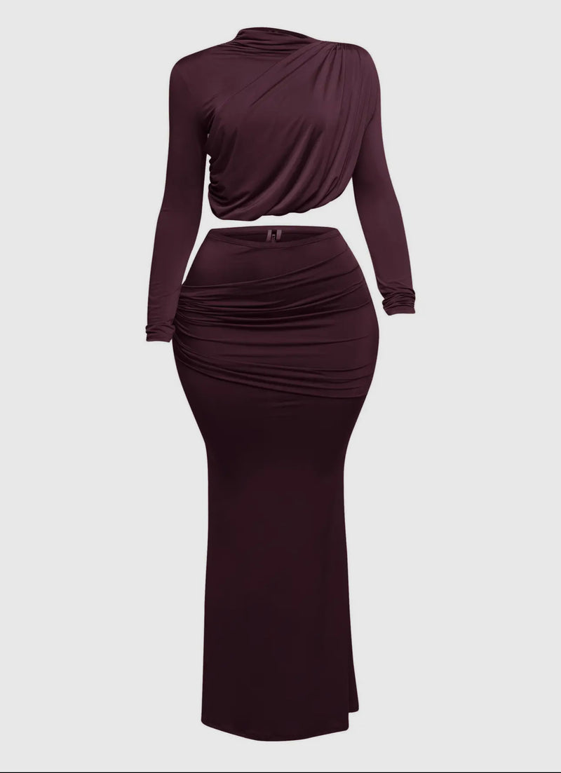 Shirring Detailed Long Sleeve Top and Maxi Skirt Set