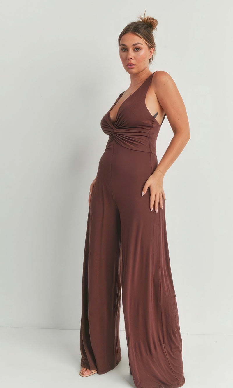 Ruched V-Neck Wide Leg Jumpsuit