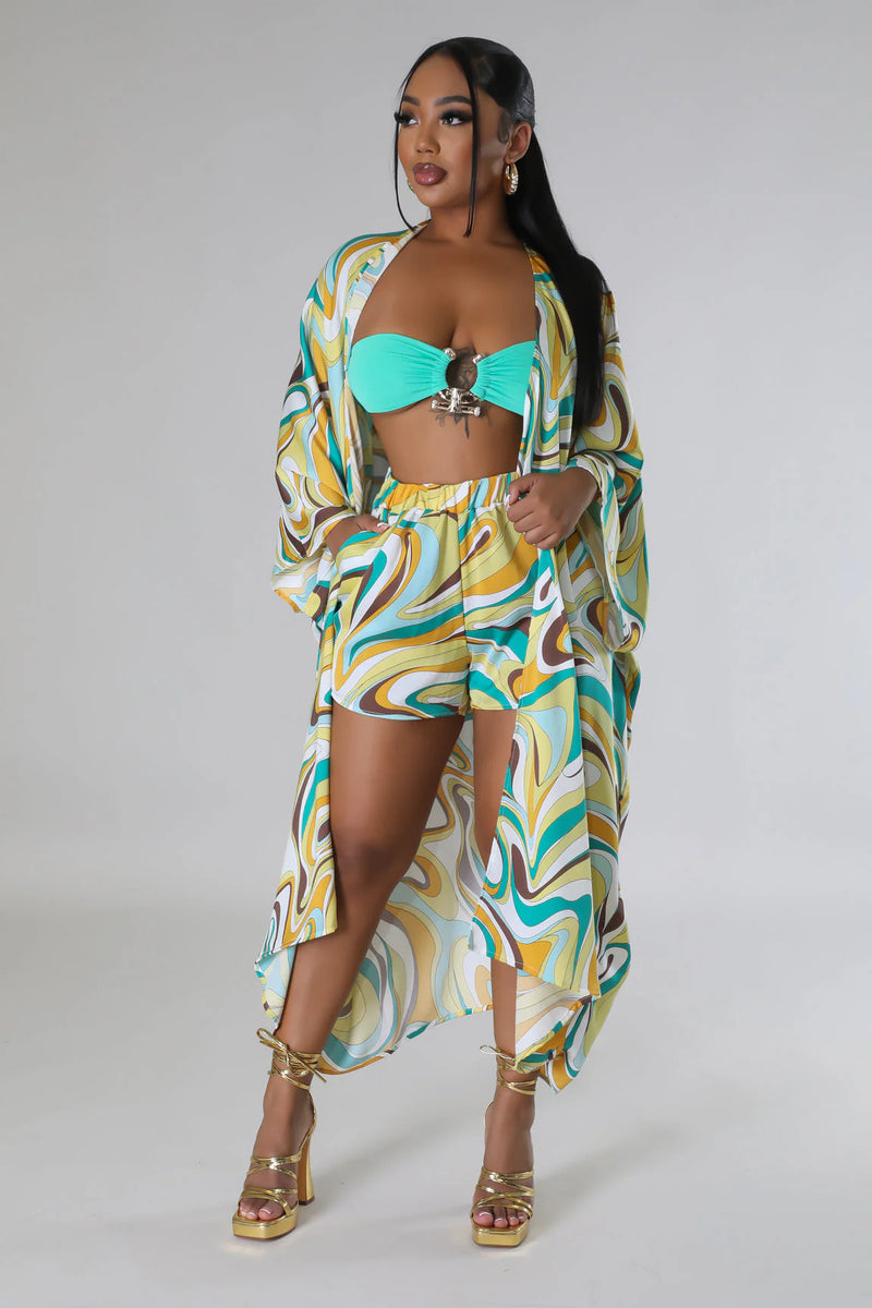 Abstract Pattern Cardigan & Shorts Set