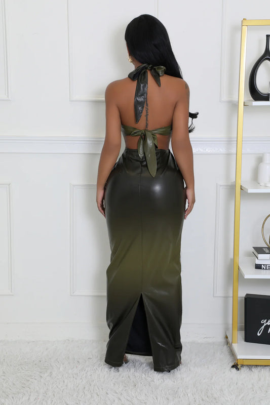 Halter Faux Leather Maxi Dress