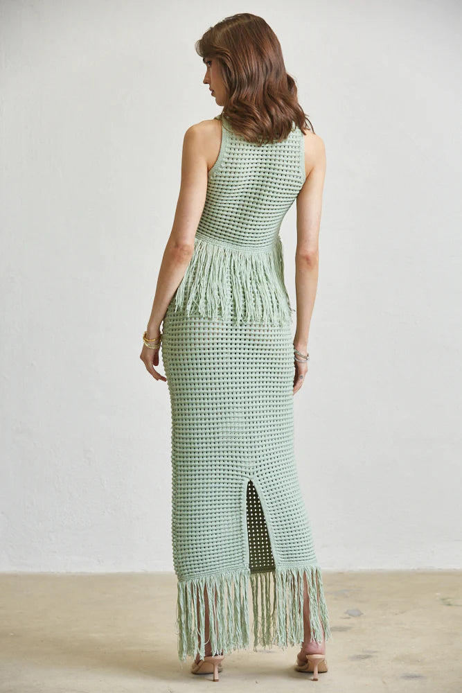 Sage Green Crochet Fringe Skirt Set