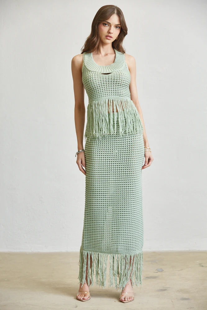 Sage Green Crochet Fringe Skirt Set