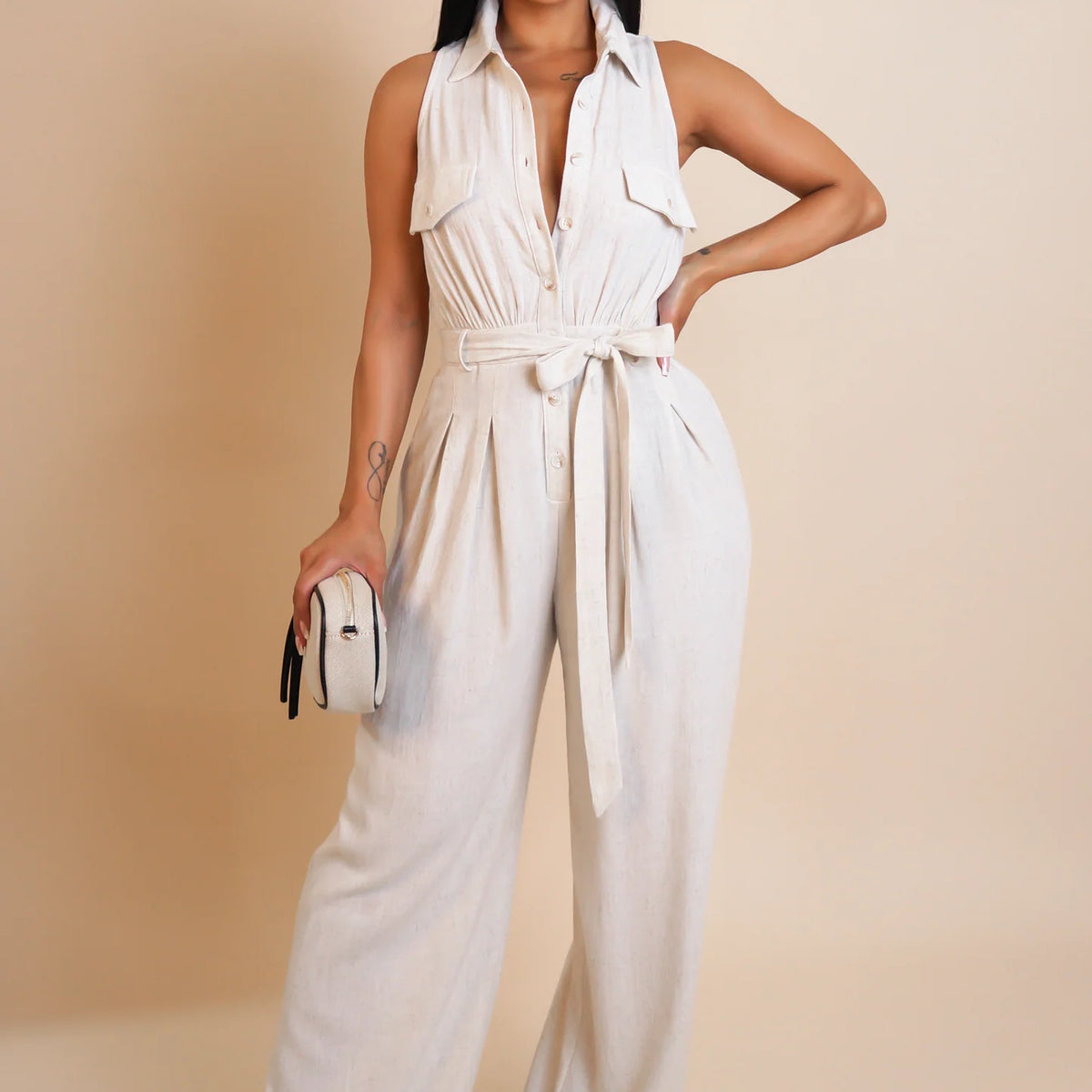 Sleeveless Button Down Belted Jumpsuit