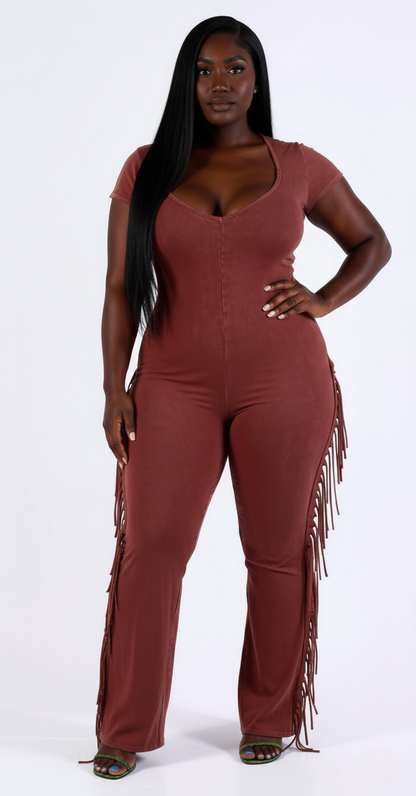 MINERAL WASHED FRINGED JUMPSUIT BURGUNDY