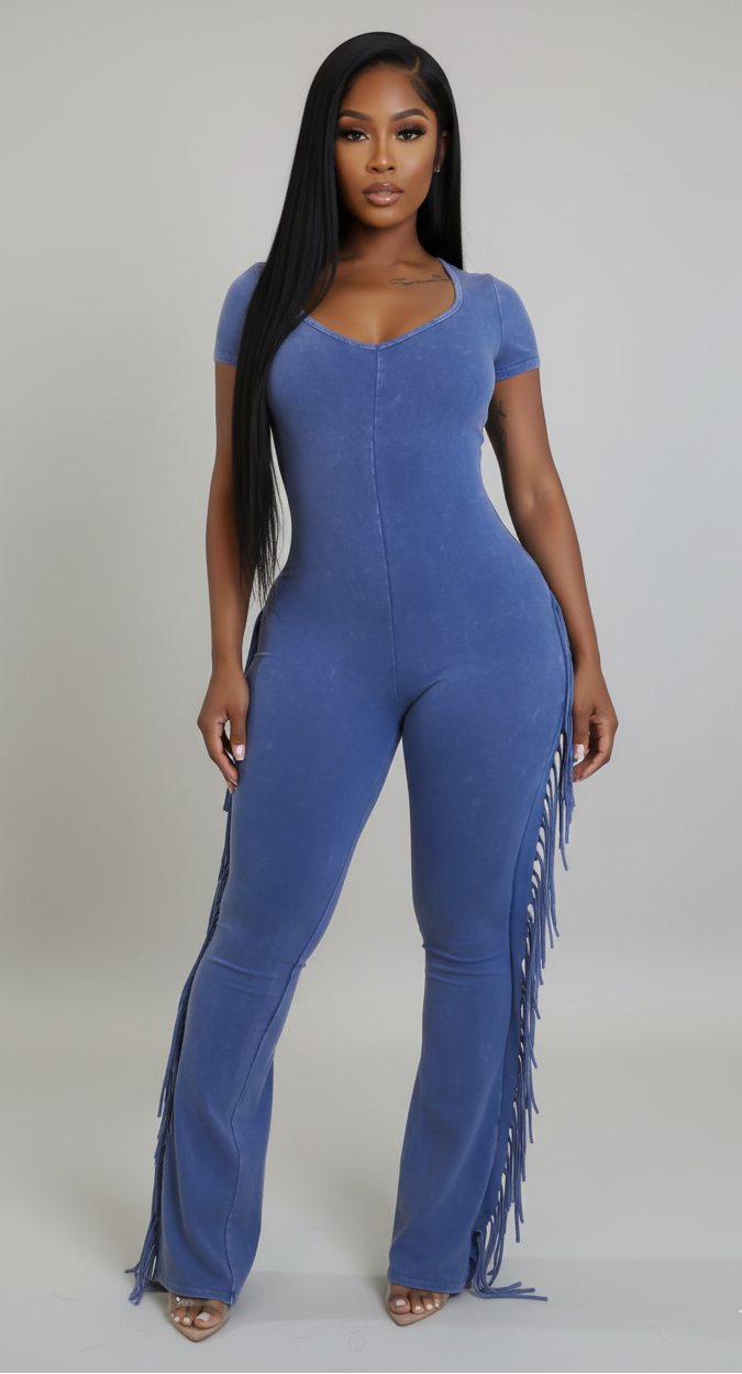 Mineral Washed Fringed Jumpsuit