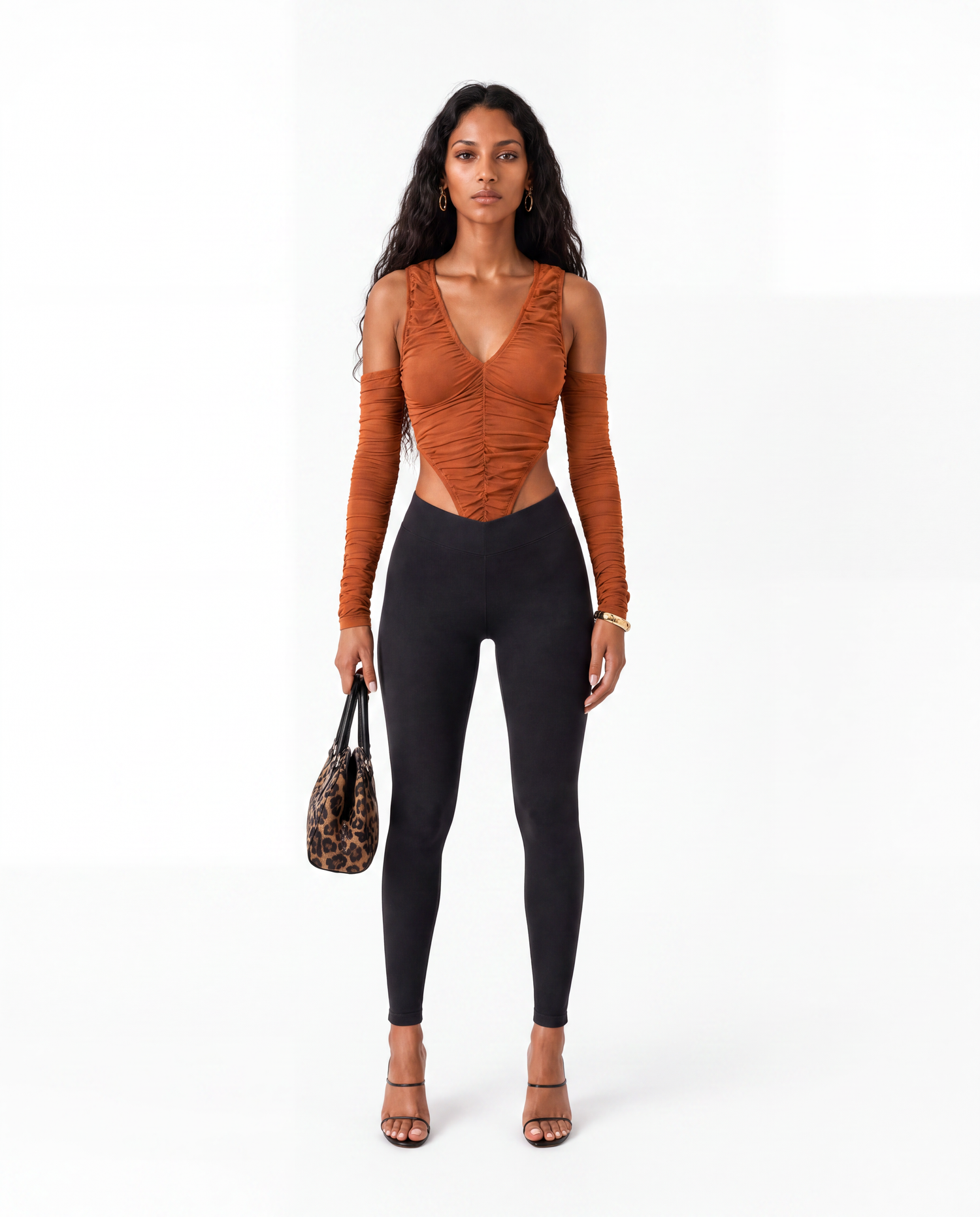 High Leg Cut Ruched Mesh Bodysuit.