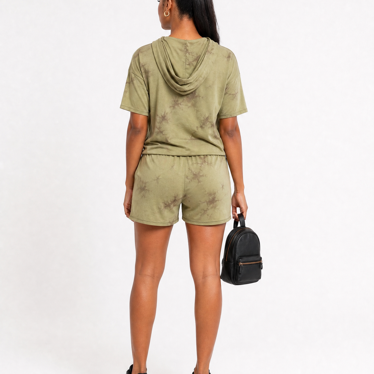 Olive Tie-Dye Short Sleeve Hooded T-Shirt & Shorts Set
