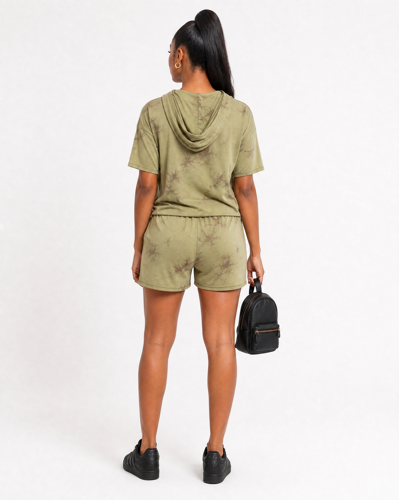 Olive Tie-Dye Short Sleeve Hooded T-Shirt & Shorts Set