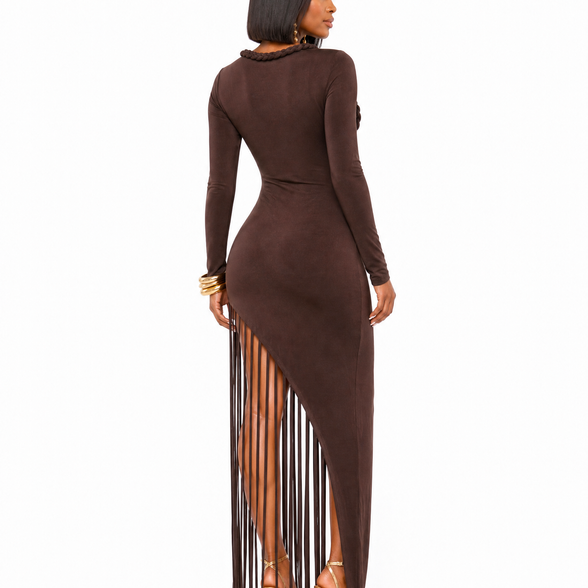 Asymmetrical Fringe Bodycon Maxi Dress