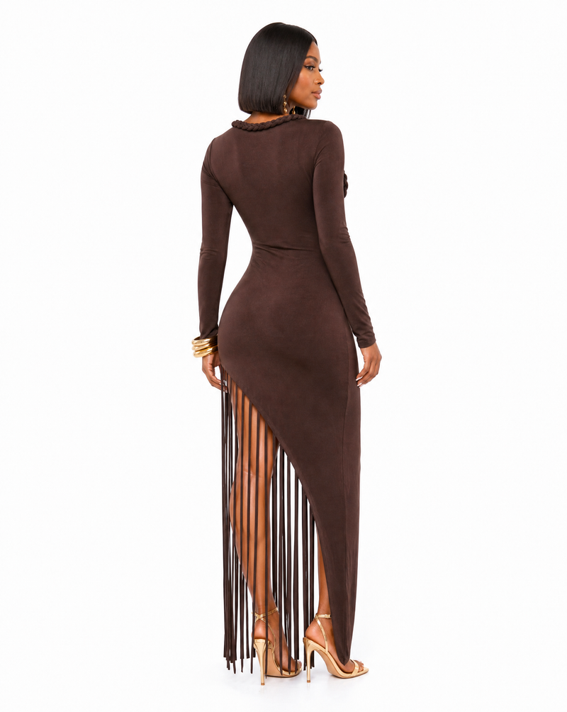 Asymmetrical Fringe Bodycon Maxi Dress