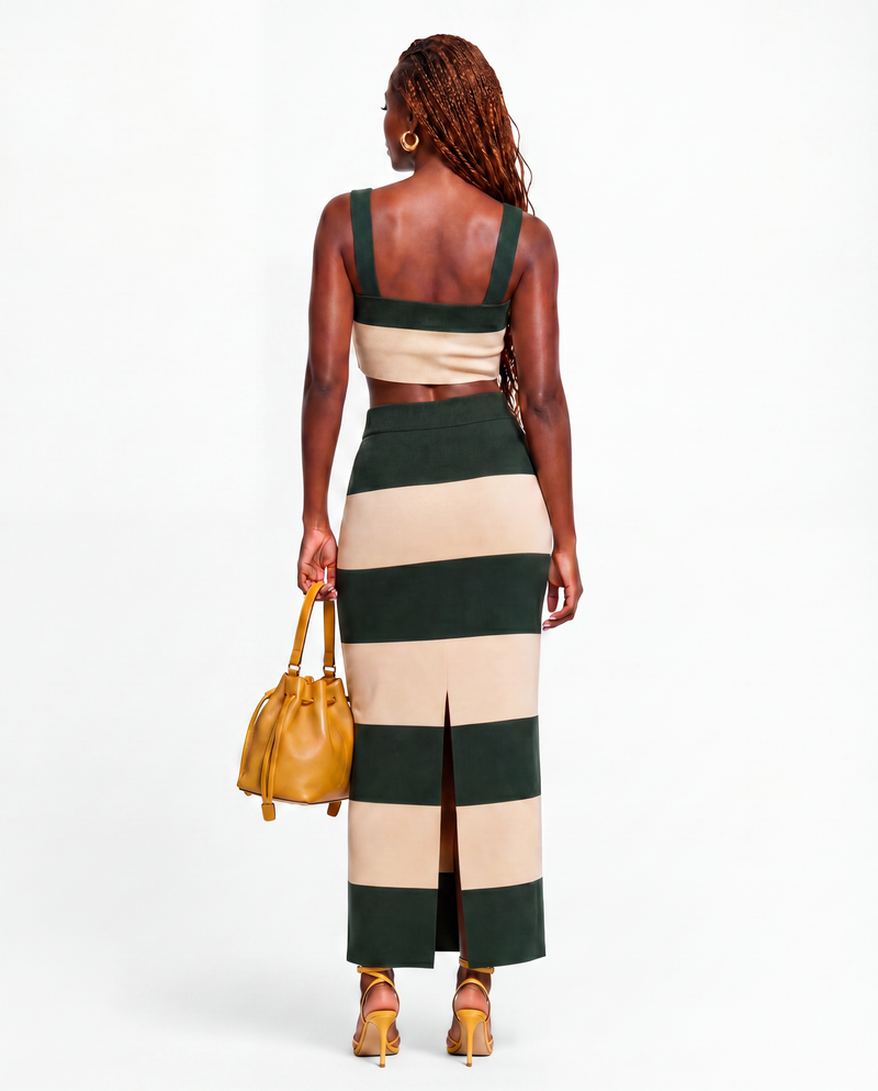 Stripe Color Knit Maxi Skirt Set