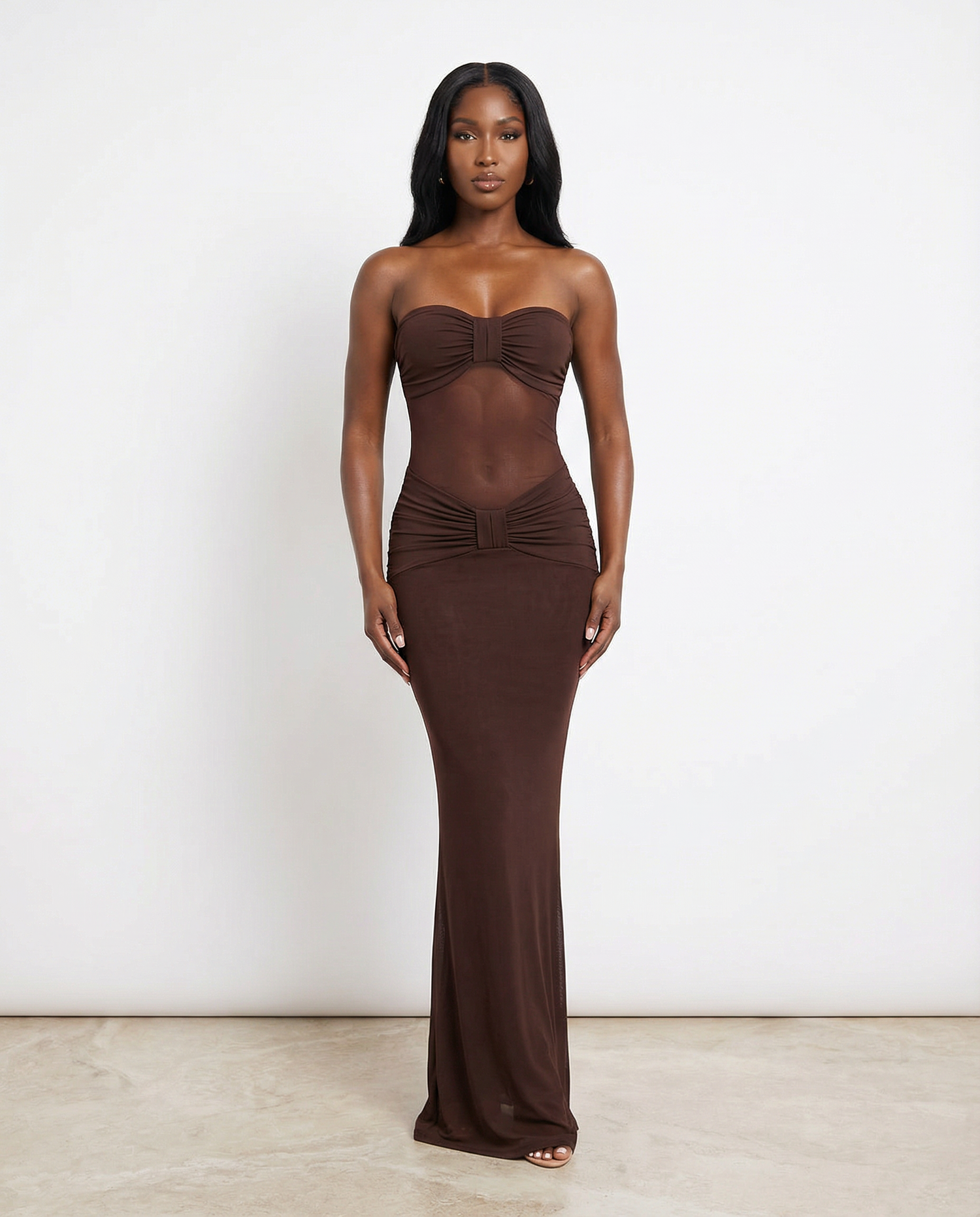 Chocolate Mesh Panel Maxi Dress