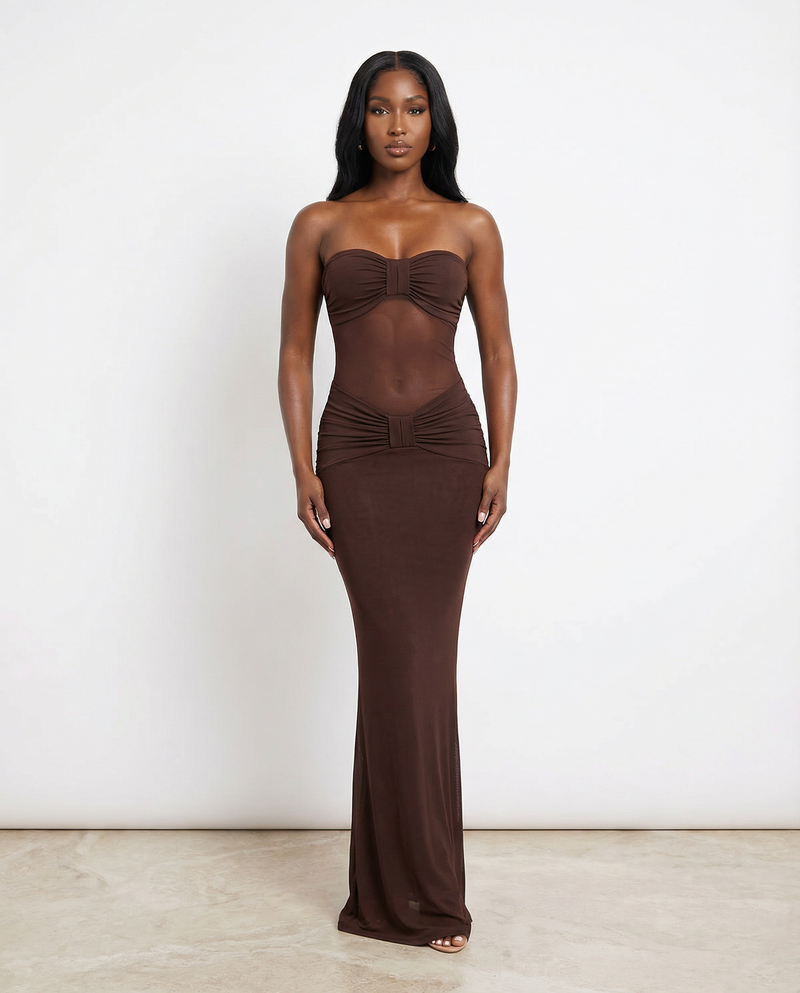 Chocolate Mesh Panel Maxi Dress