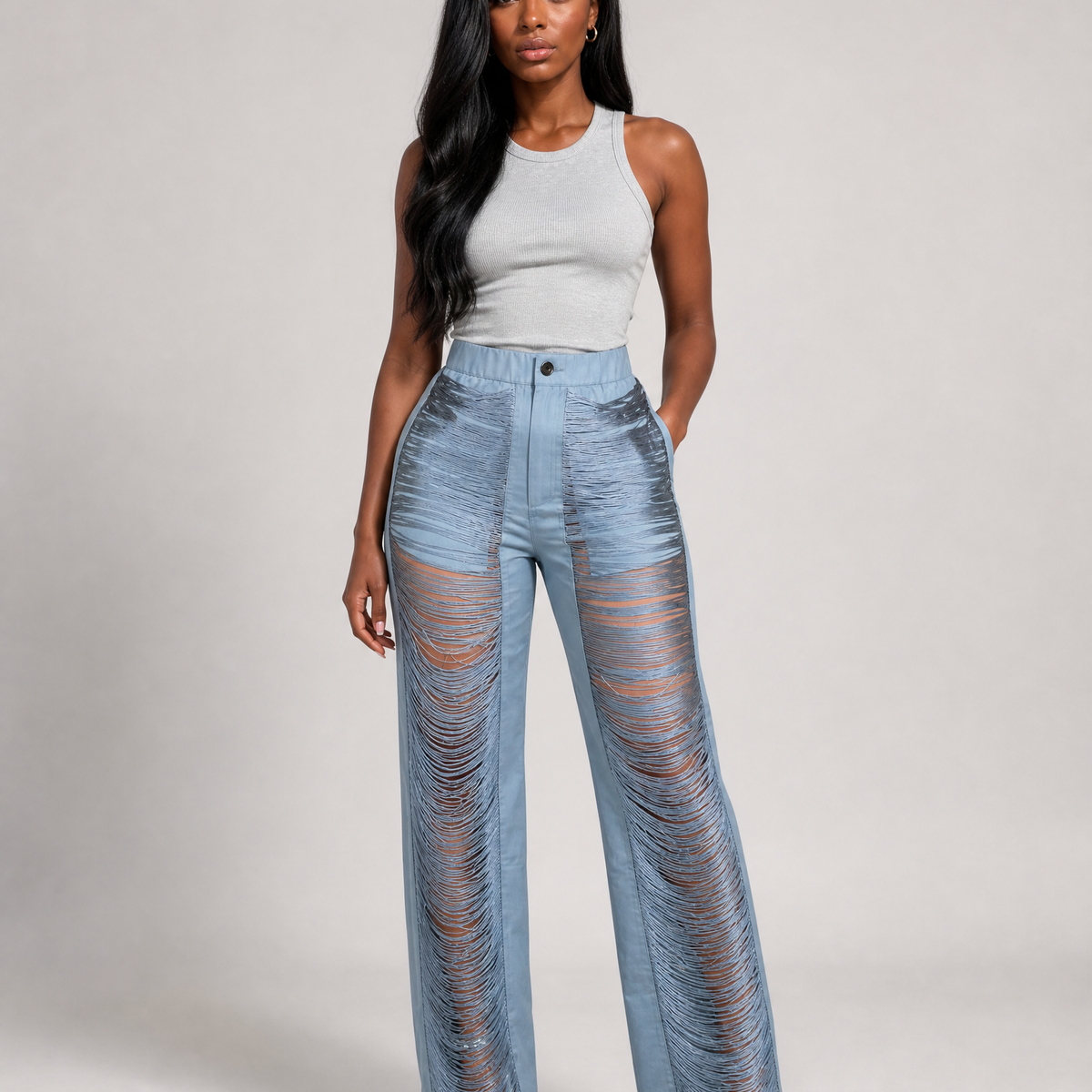 High-Waisted Shredded Fringe Pants