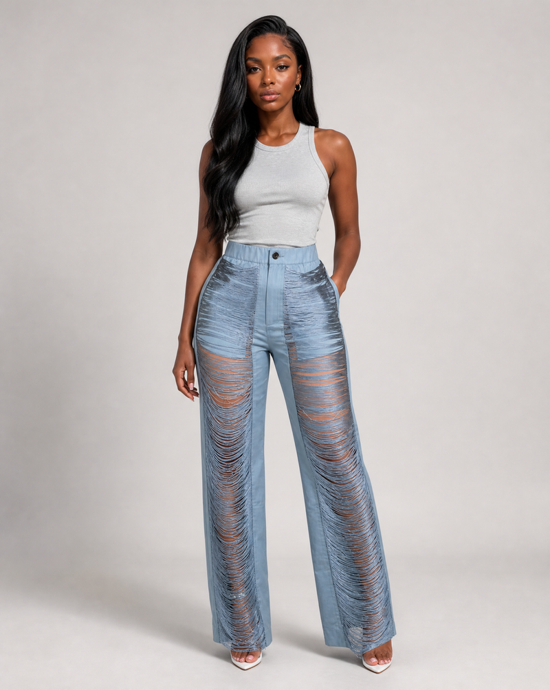 High-Waisted Shredded Fringe Pants