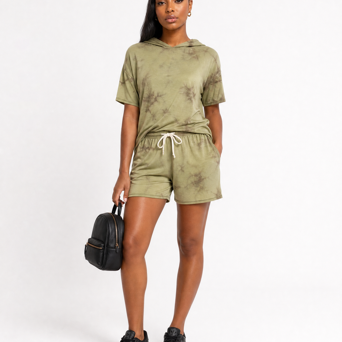 Olive Tie-Dye Short Sleeve Hooded T-Shirt & Shorts Set