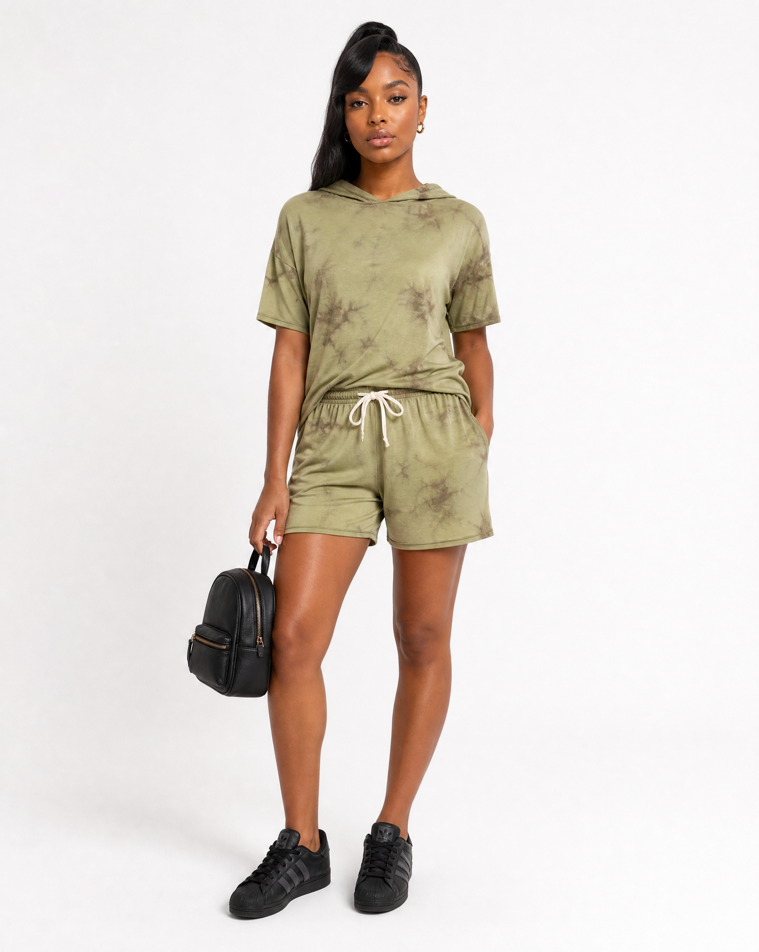 Olive Tie-Dye Short Sleeve Hooded T-Shirt & Shorts Set