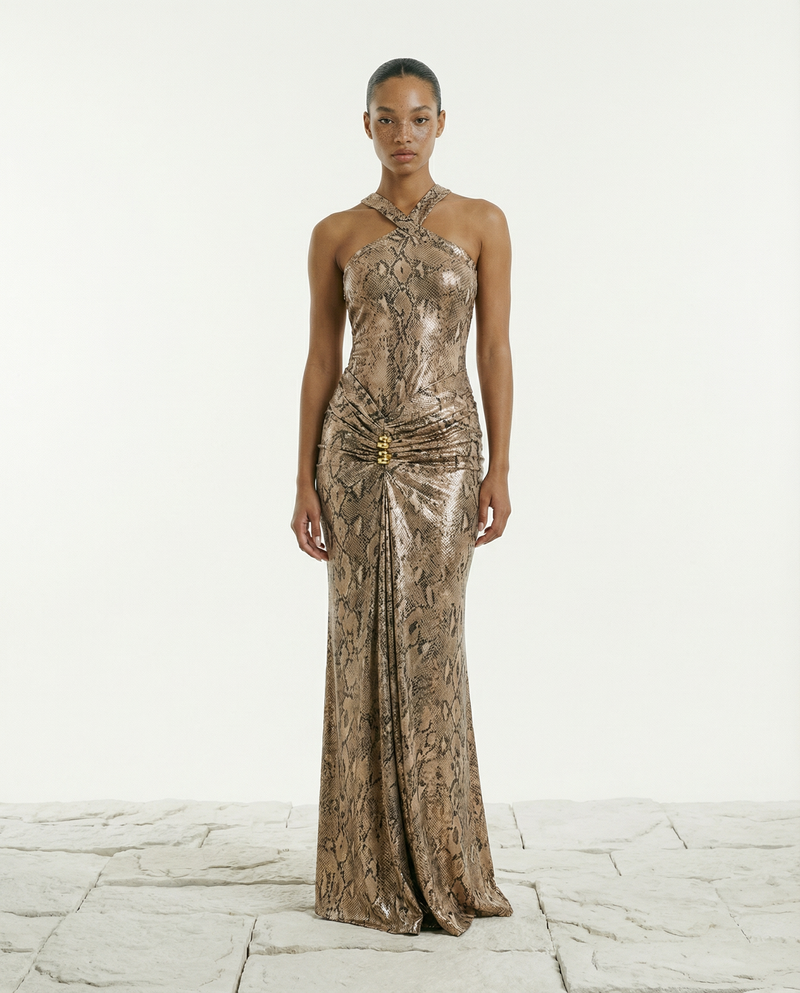 Print  Foil Gold Trim Maxi