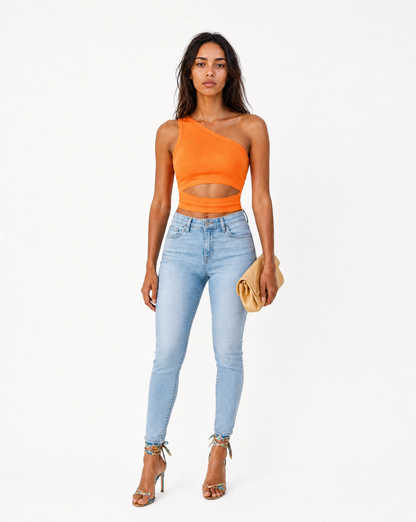 Ribbed Cut Out One Shoulder Crop Top