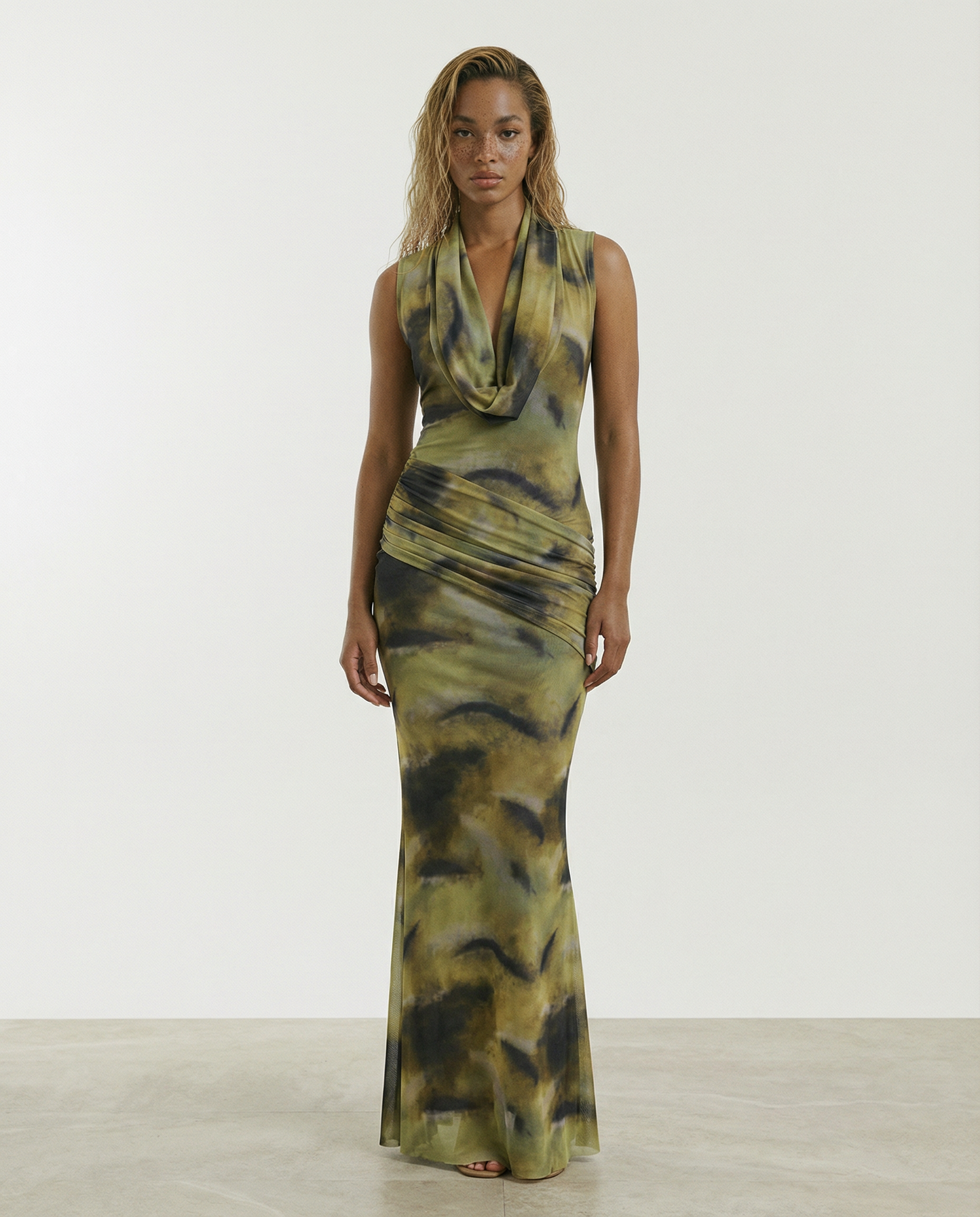 Olive Abstract Mesh Cowl Neck Maxi Dress