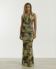 Olive Abstract Mesh Cowl Neck Maxi Dress