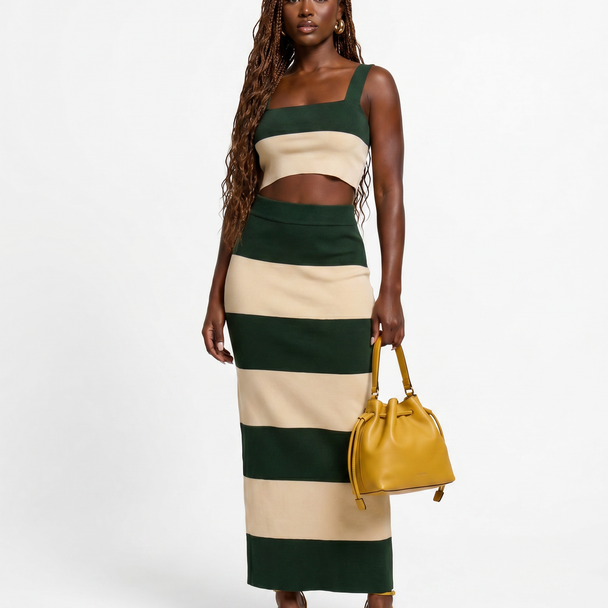 Stripe Color Knit Maxi Skirt Set
