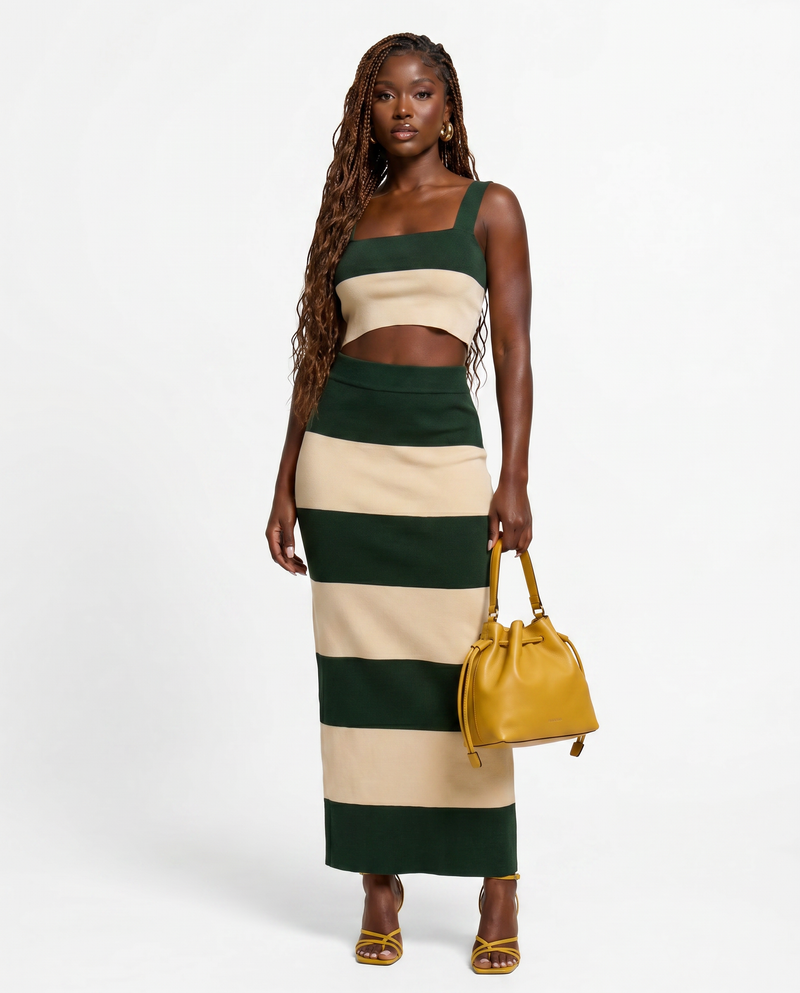Stripe Color Knit Maxi Skirt Set