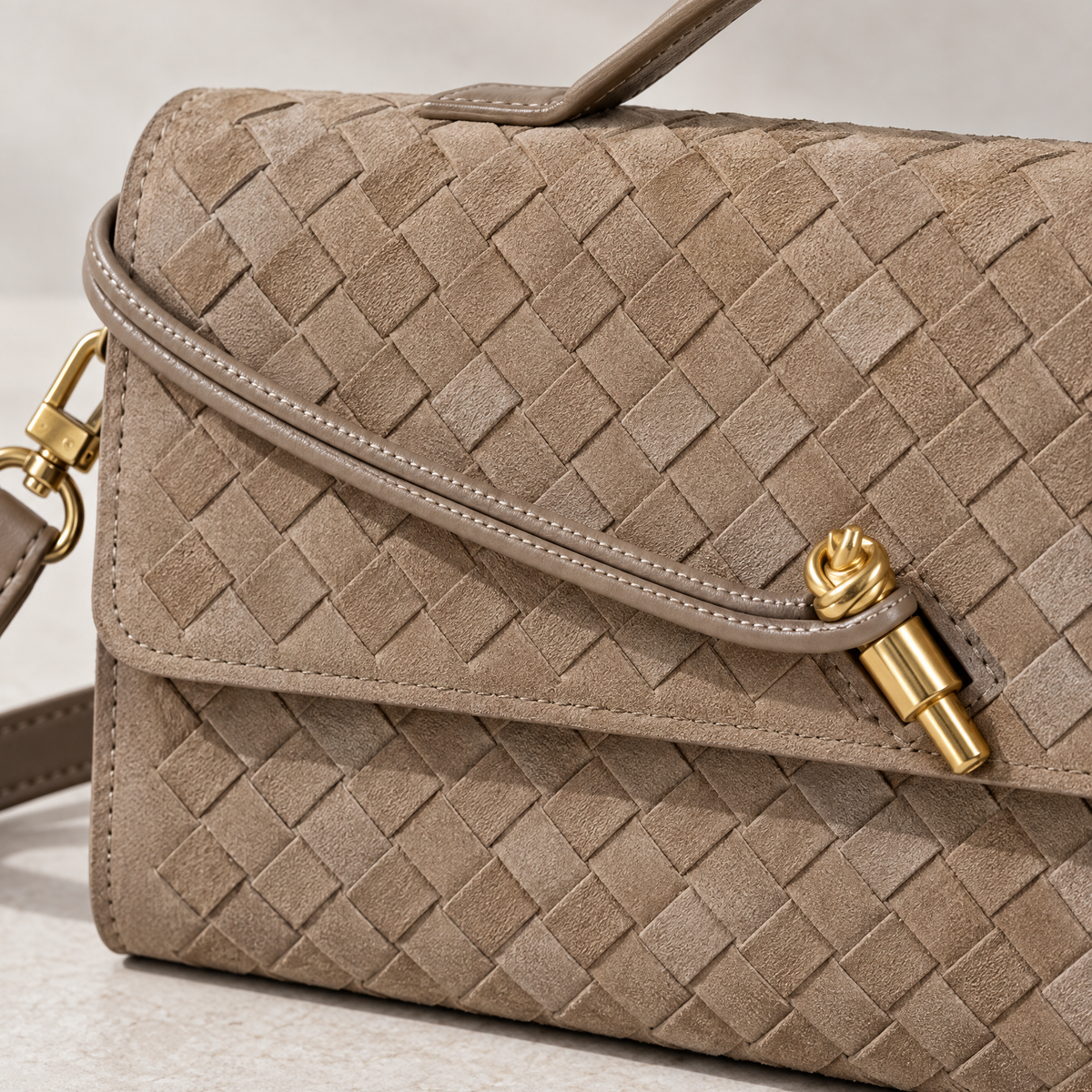 Suede Tan Woven Baguette Bag