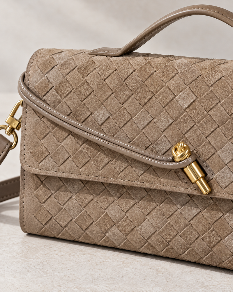 Suede Tan Woven Baguette Bag