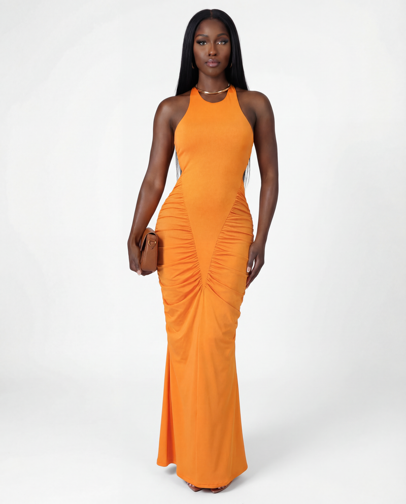 Orange Ruched Halter Maxi Dress