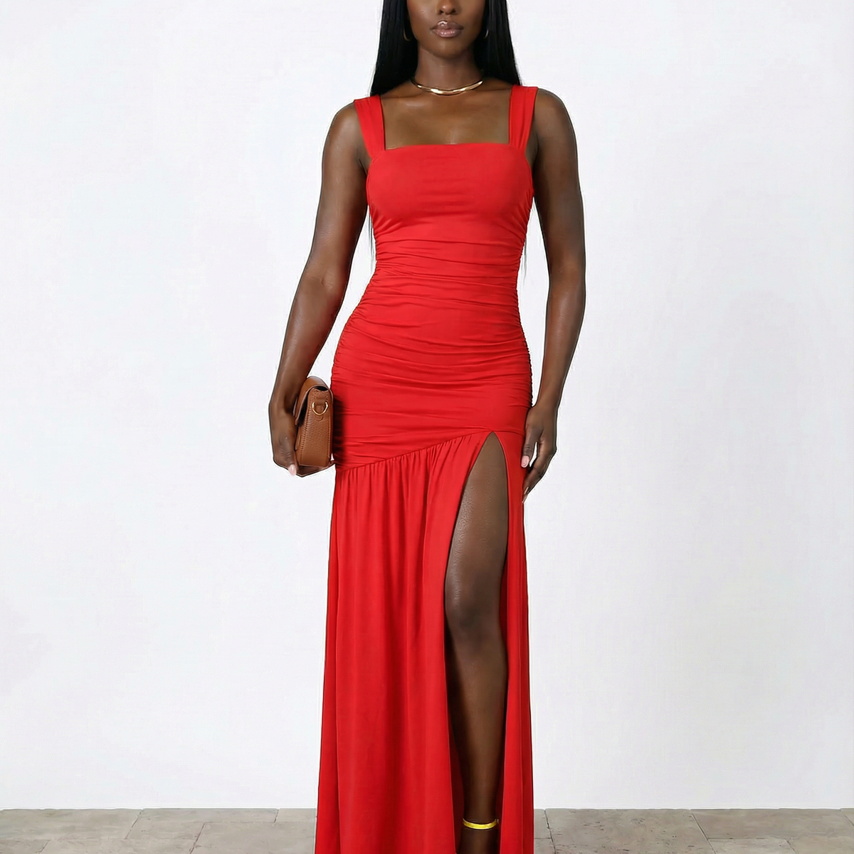 Ruched Maxi Dress with Thigh-High Slit