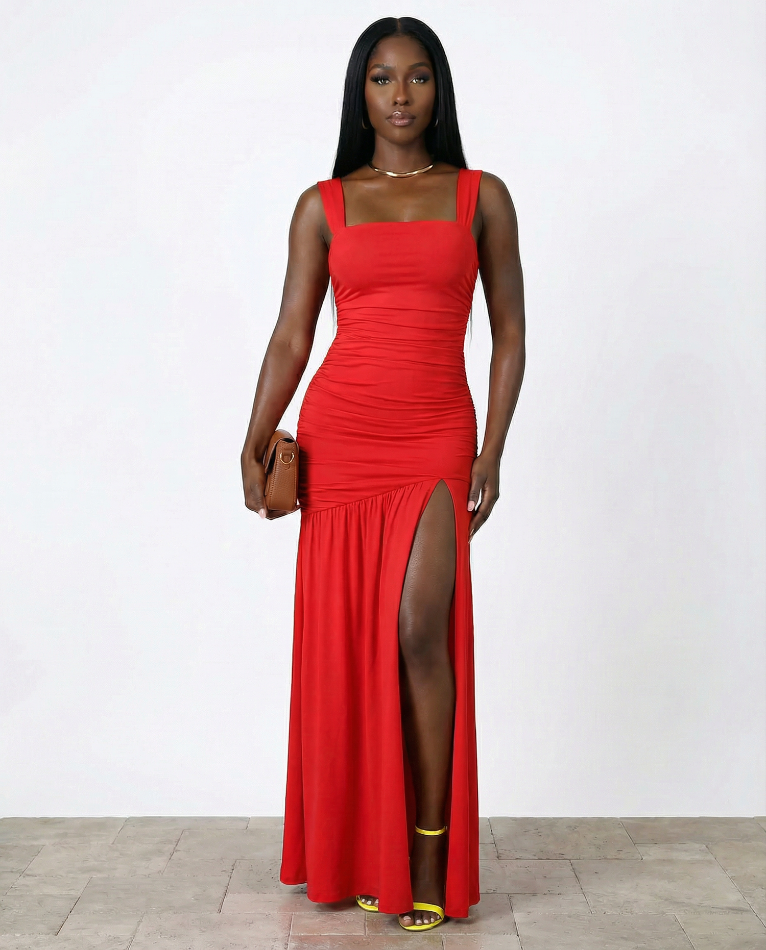 Ruched Maxi Dress with Thigh-High Slit