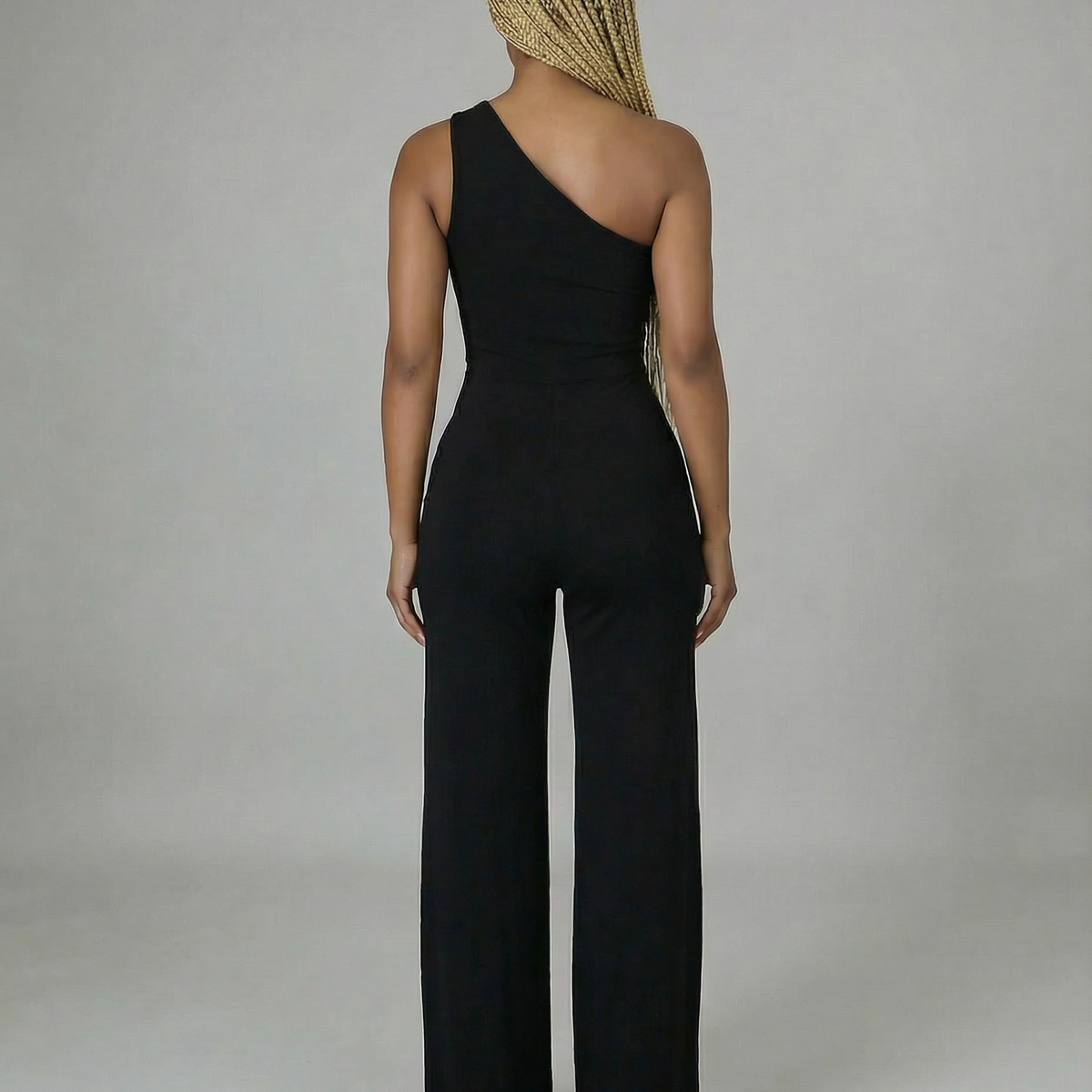 Black Tie Front Slinky One Shoulder Wide Leg Jumpsuit