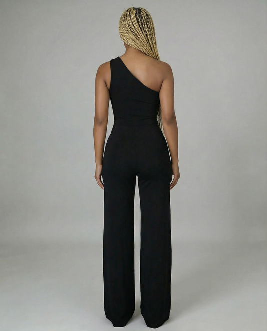 Black Tie Front Slinky One Shoulder Wide Leg Jumpsuit