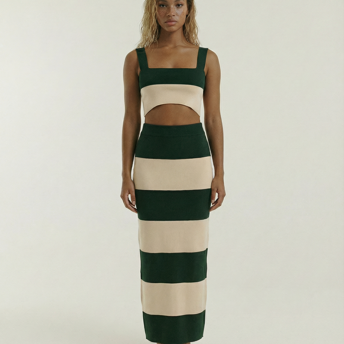 Stripe Color Knit Maxi Skirt Set