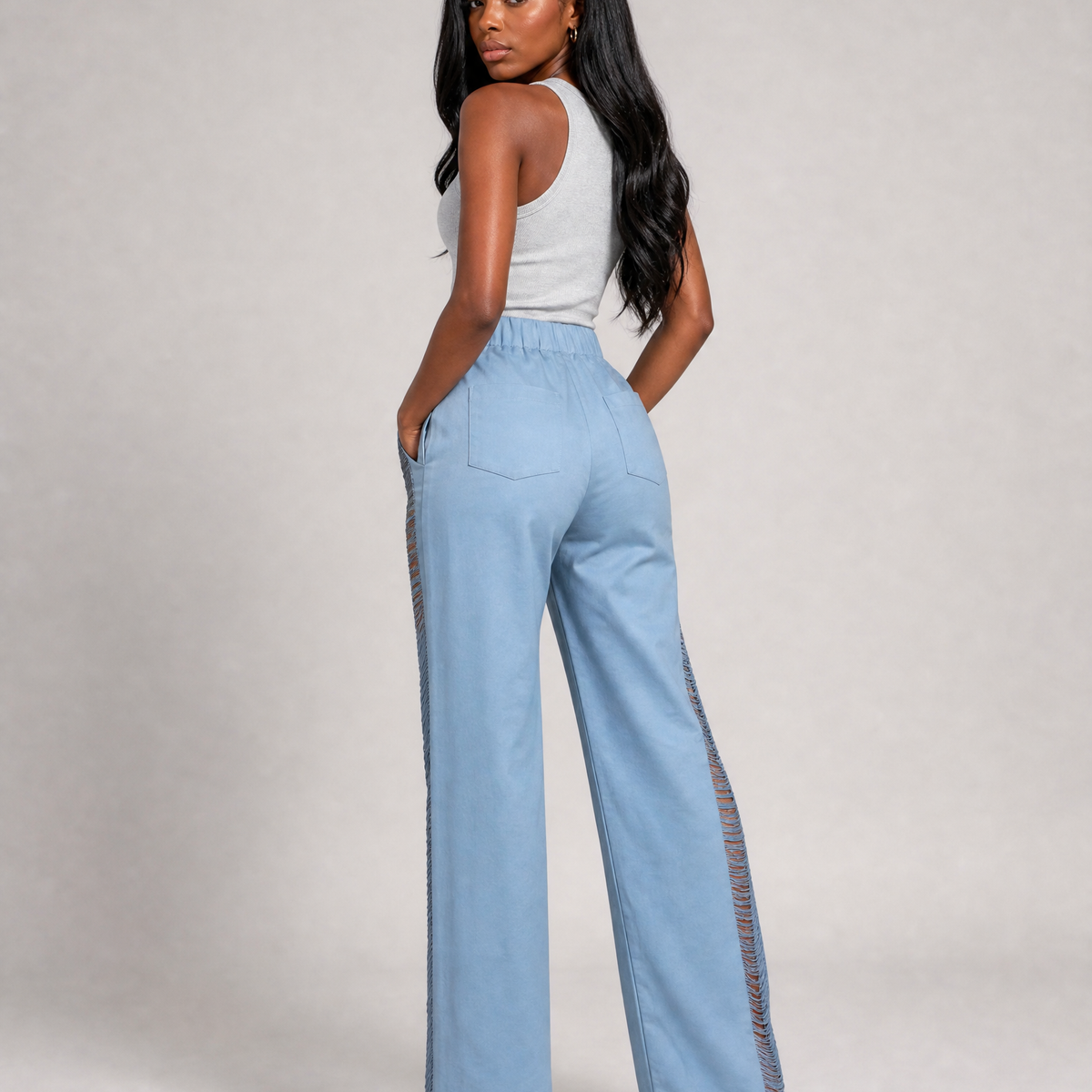 High-Waisted Shredded Fringe Pants