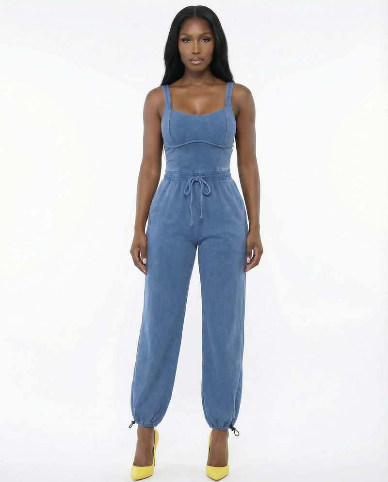 Washed Blue Stretch Jogger Jumpsuit