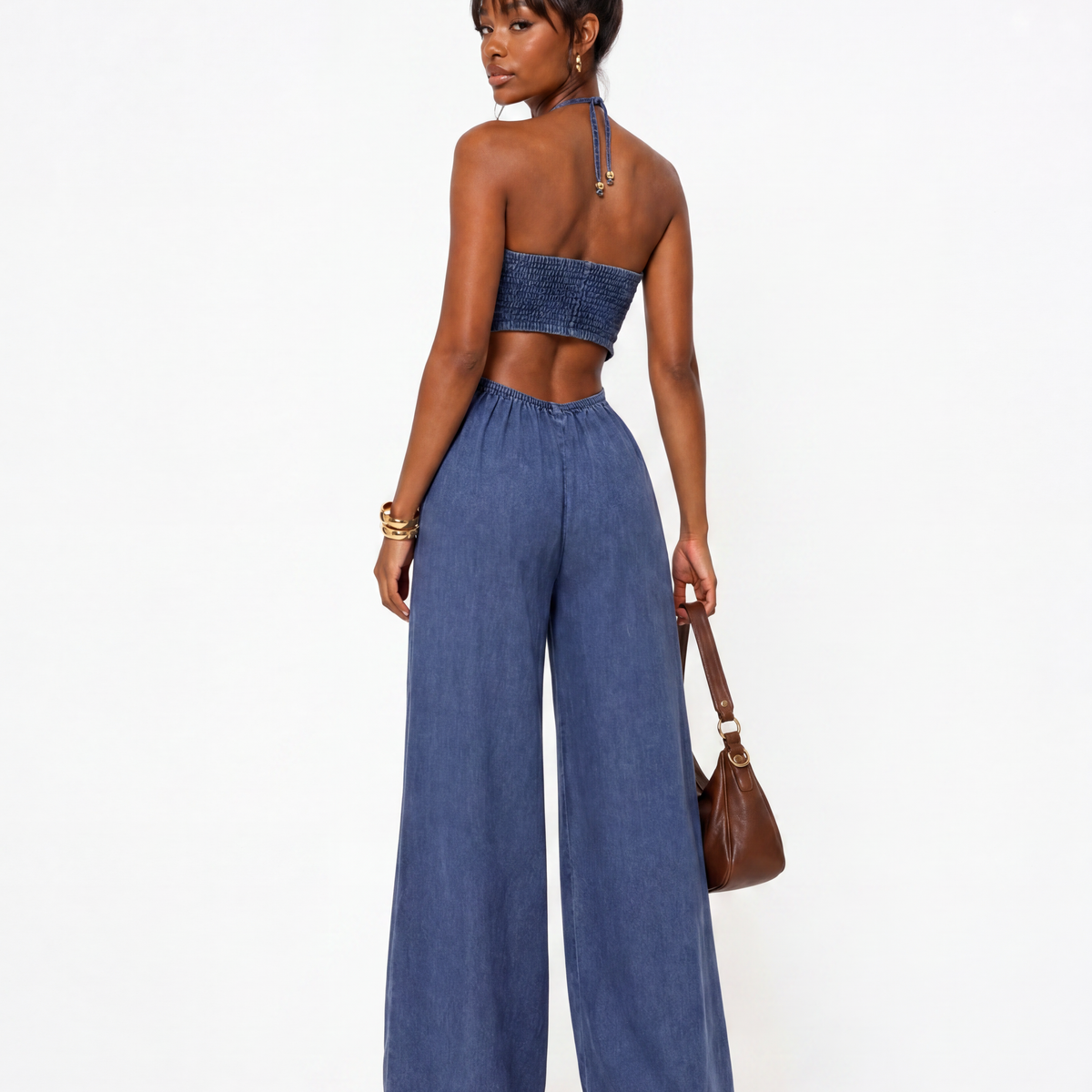 Blue Denim Halter Wide-Leg Jumpsuit
