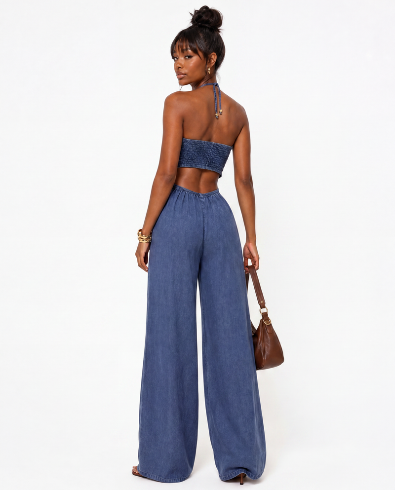 Blue Denim Halter Wide-Leg Jumpsuit