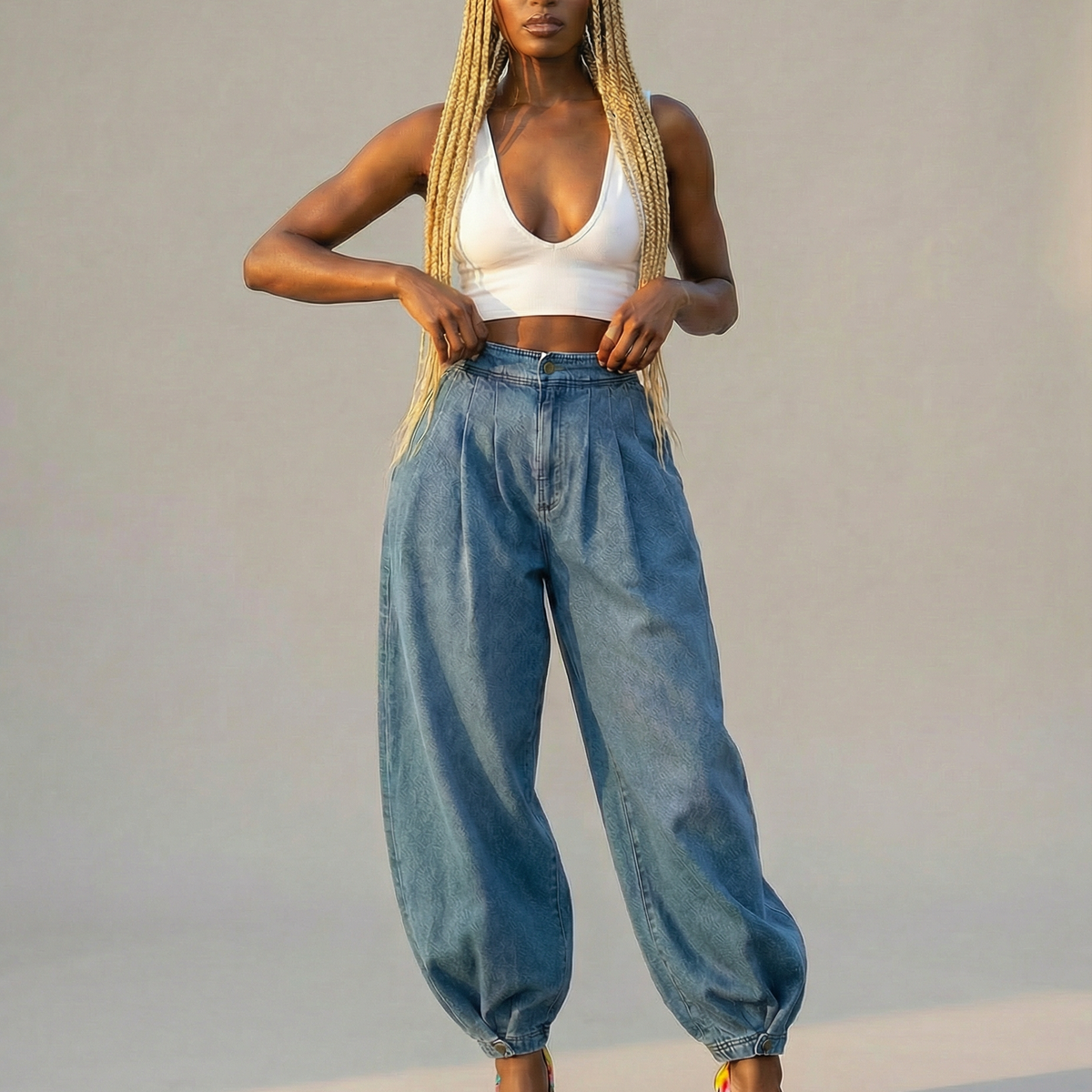 High Waist Balloon Jeans With Button Cuff